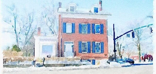 Watercolor of the red brick Cunningham House with blue shutters in a snowy Tappan streetscape