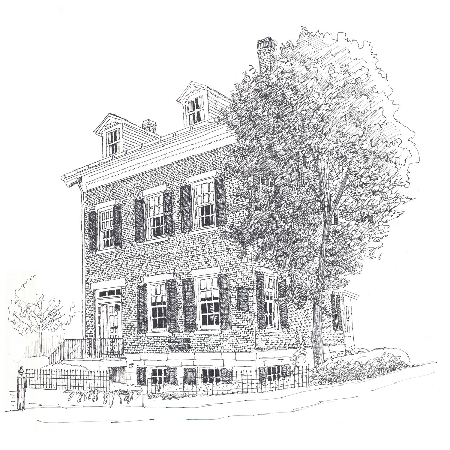 Pen and ink illustration of the Cunningham House